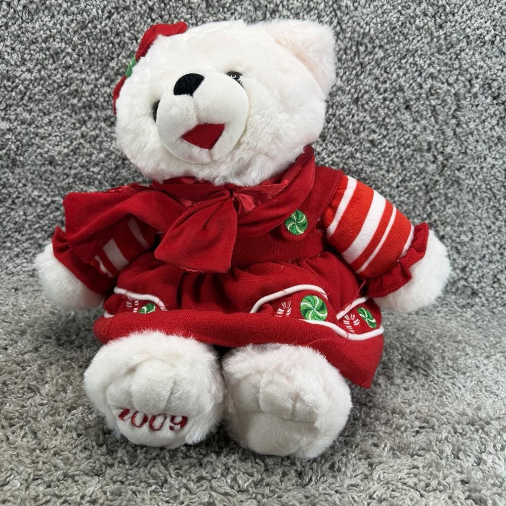 2009 Holiday Time Christmas Snowflake Teddy Bear Girl Red Dress & Scarf Plush